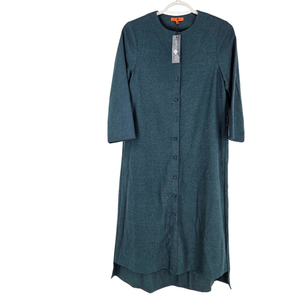 Maple & Cliff Shift Shirt Dress Green Button Down 3/4 Sleeve Midi NWT Size XS